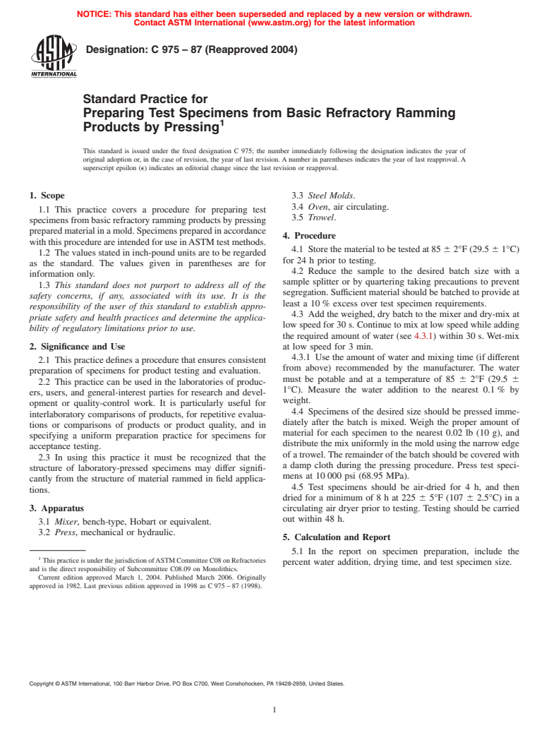 ASTM C975-87(2004) - Standard Practice for Preparing Test Specimens from Basic Refractory Ramming Products by Pressing