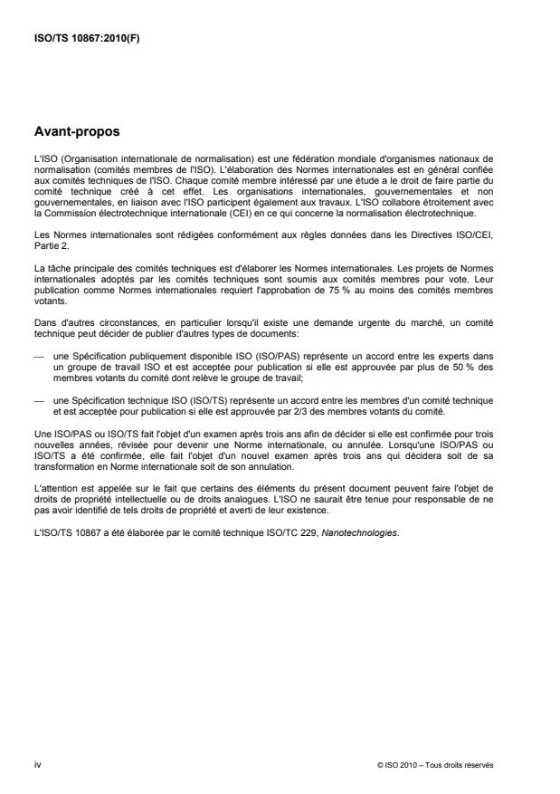 ISO/TS 10867:2010 ISO/TS 10867:2010 - Nanotechnologies -- Caractérisation de nanotubes de carbone monofeuillet en utilisant la spectroscopie de photoluminescence dans le proche infra-rouge - Page 4 preview