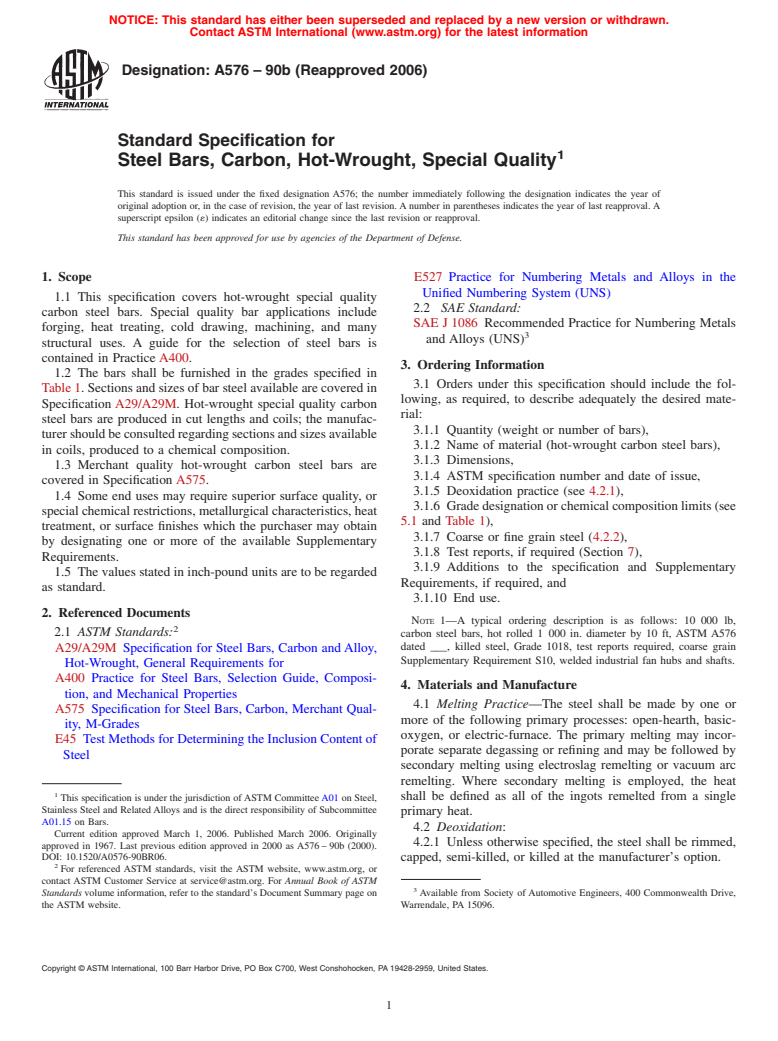 ASTM A576-90b(2006) - Standard Specification for Steel Bars, Carbon, Hot-Wrought, Special Quality