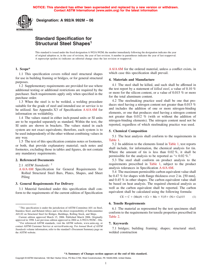 ASTM A992/A992M-06 - Standard Specification for Structural Steel Shapes