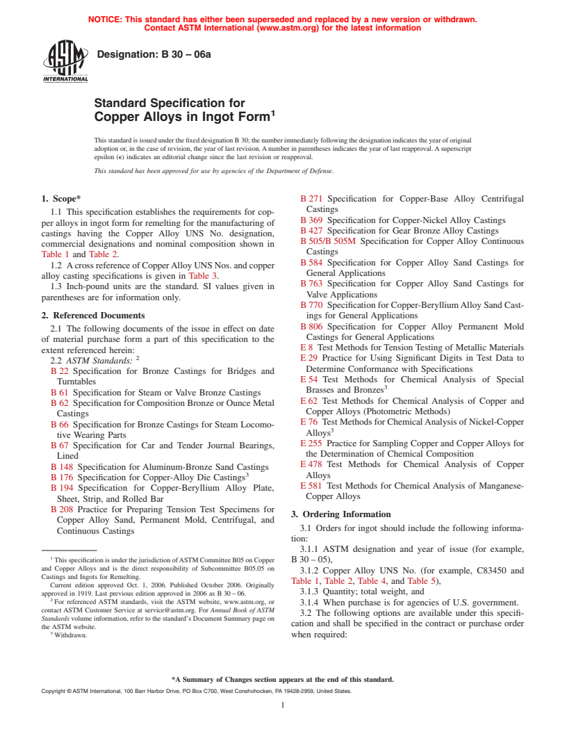 ASTM B30-06 - Standard Specification for Copper Alloys in Ingot Form