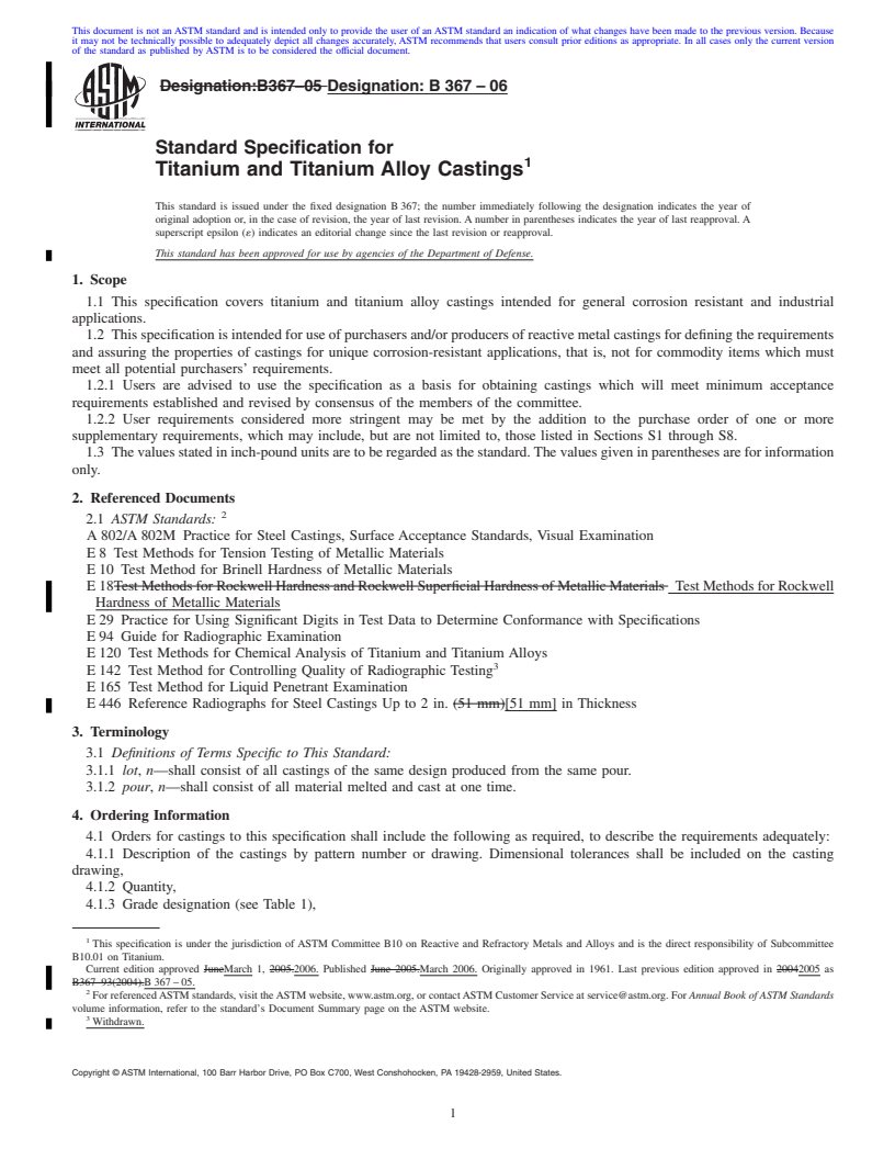 REDLINE ASTM B367-06 - Standard Specification for Titanium and Titanium Alloy Castings