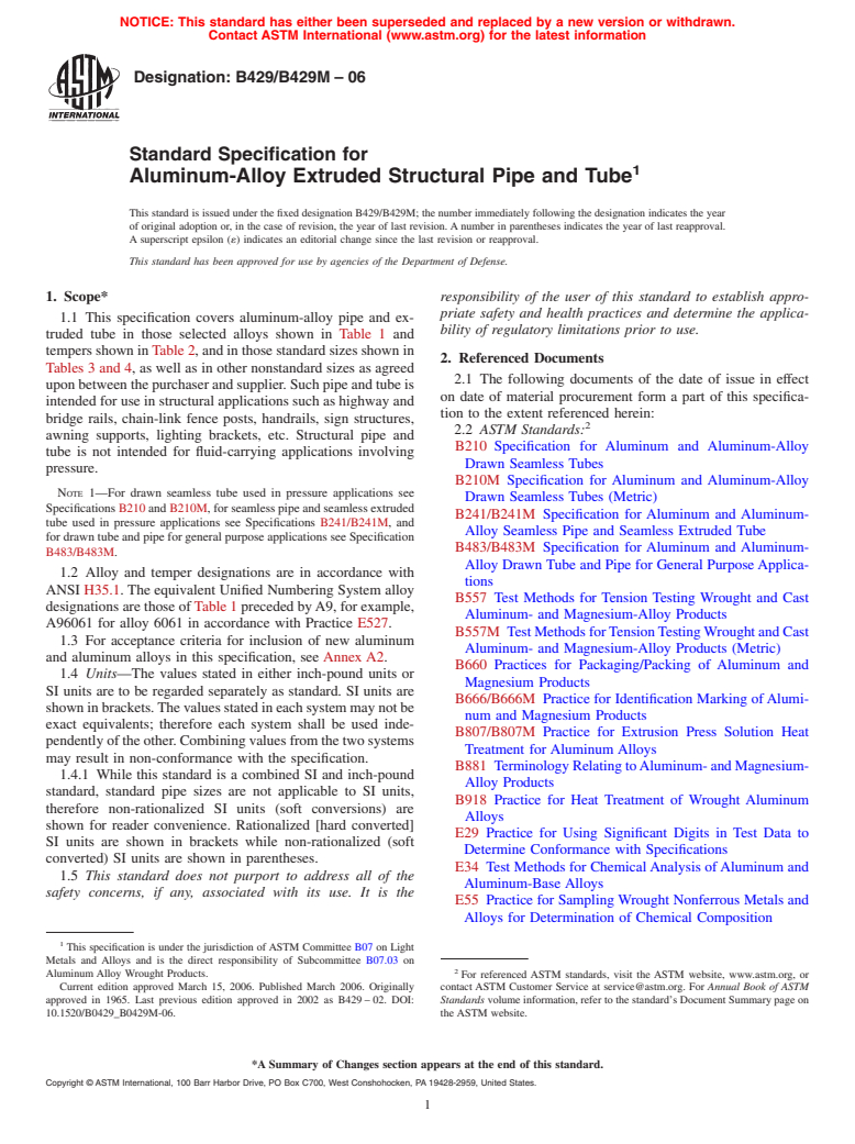 ASTM B429/B429M-06 - Standard Specification for Aluminum-Alloy Extruded Structural Pipe and Tube