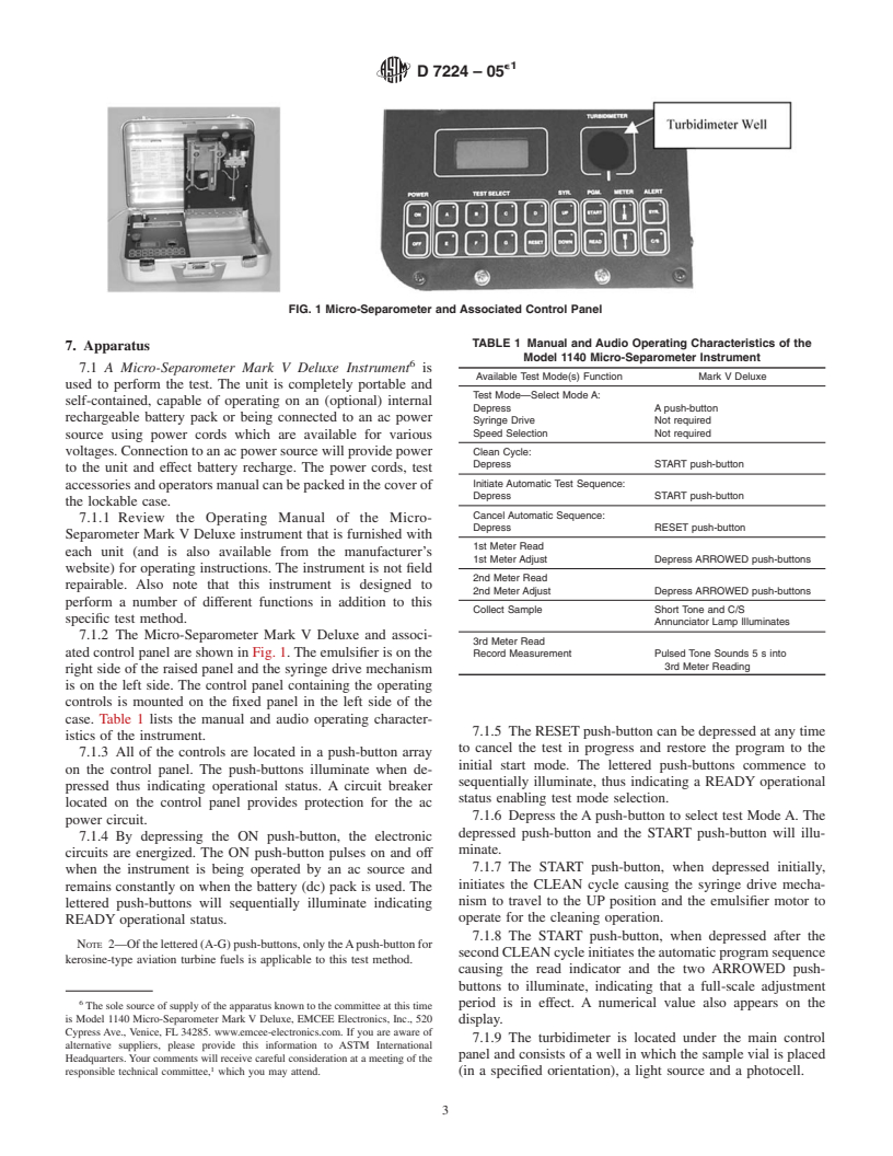 ASTM D7224-05e1 - Standard Test Method for Determining Water Separation Characteristics of  Kerosine-type Aviation Turbine Fuels Containing Additives by Portable Separometer