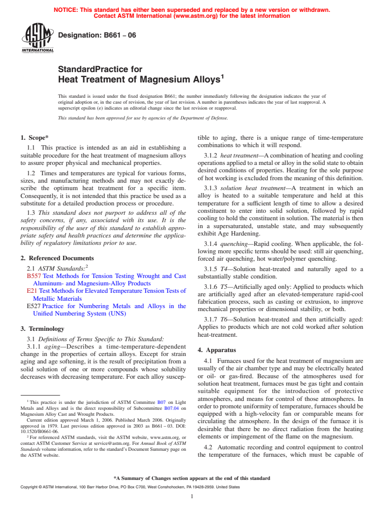 ASTM B661-06 - Standard Practice for Heat Treatment of Magnesium Alloys