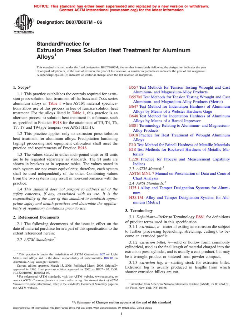 ASTM B807/B807M-06 - Standard Practice for Extrusion Press Solution Heat Treatment for Aluminum Alloys