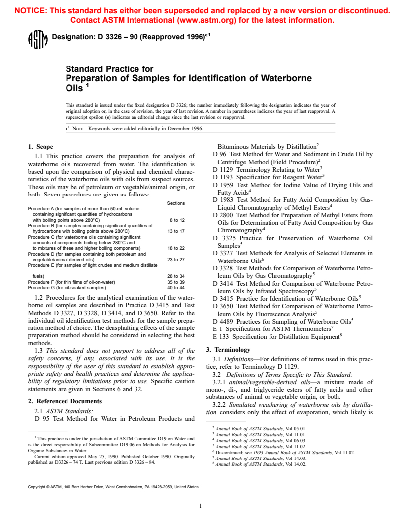 ASTM D3326-90(1996)e1 - Standard Practice for Preparation of Samples for Identification of Waterborne Oils