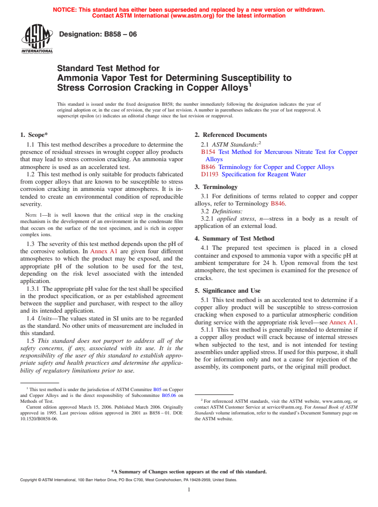 ASTM B858-06 - Standard Test Method for Ammonia Vapor Test for Determining Susceptibility to Stress Corrosion Cracking in Copper Alloys