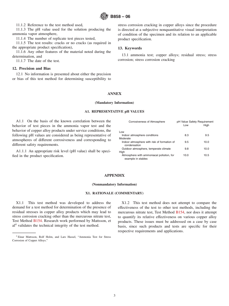 ASTM B858-06 - Standard Test Method for Ammonia Vapor Test for Determining Susceptibility to Stress Corrosion Cracking in Copper Alloys