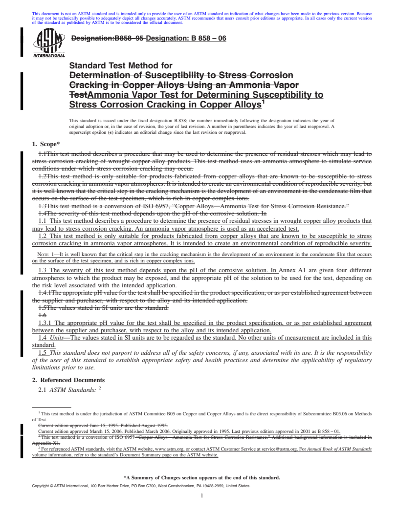 REDLINE ASTM B858-06 - Standard Test Method for Ammonia Vapor Test for Determining Susceptibility to Stress Corrosion Cracking in Copper Alloys