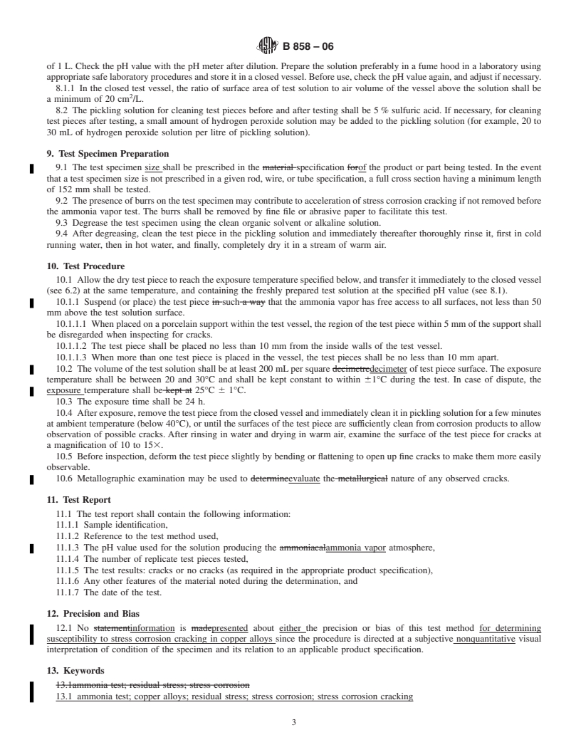 REDLINE ASTM B858-06 - Standard Test Method for Ammonia Vapor Test for Determining Susceptibility to Stress Corrosion Cracking in Copper Alloys