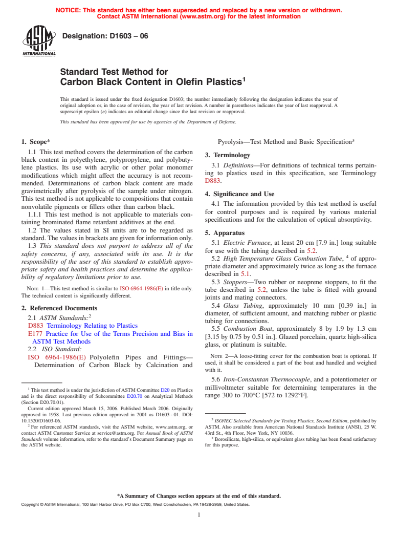 ASTM D1603-06 - Standard Test Method for Carbon Black Content in Olefin Plastics