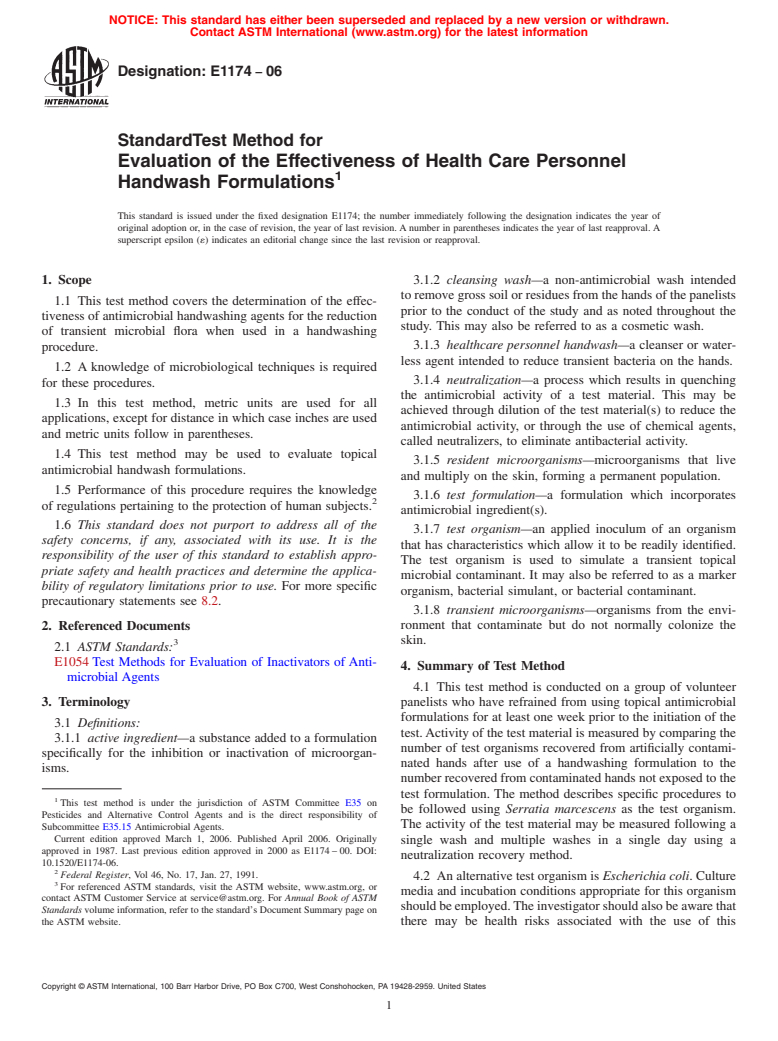 ASTM E1174-06 - Standard Test Method for Evaluation of the Effectiveness of Health Care Personnel Handwash Formulations