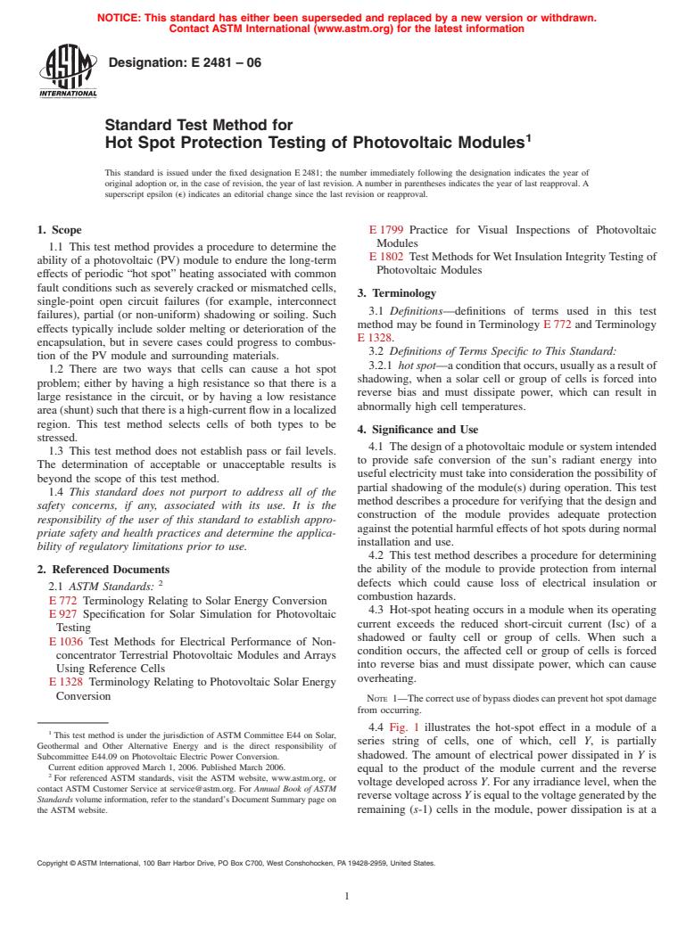 ASTM E2481-06 - Standard Test Method for Hot Spot Protection Testing of Photovoltaic Modules