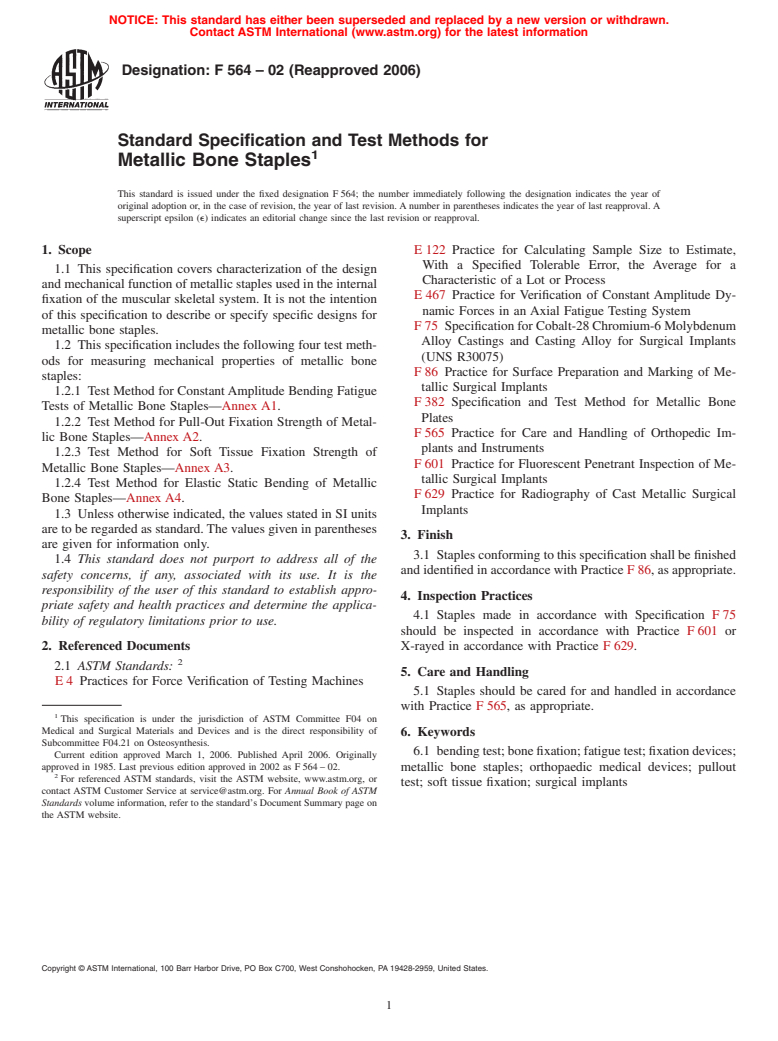 ASTM F564-02(2006) - Standard Specification and Test Methods for Metallic Bone Staples