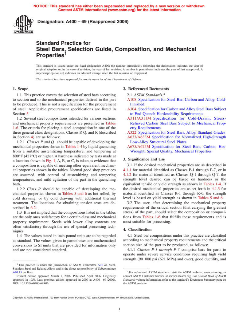 ASTM A400-69(2006) - Standard Practice for Steel Bars, Selection Guide, Composition, and Mechanical Properties