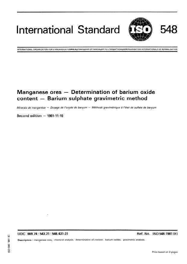 ISO 548:1981 - Manganese ores -- Determination of barium oxide content -- Barium sulphate gravimetric method