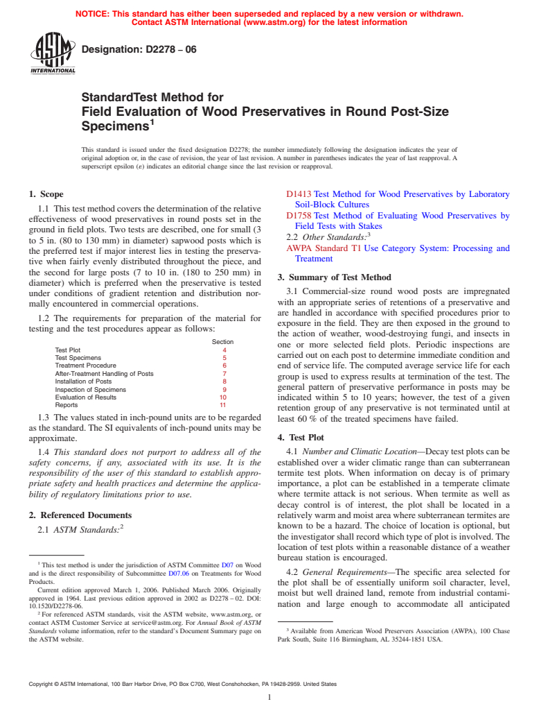 ASTM D2278-06 - Standard Test Method for Field Evaluation of Wood Preservatives in Round Post-Size Specimens (Withdrawn 2015)