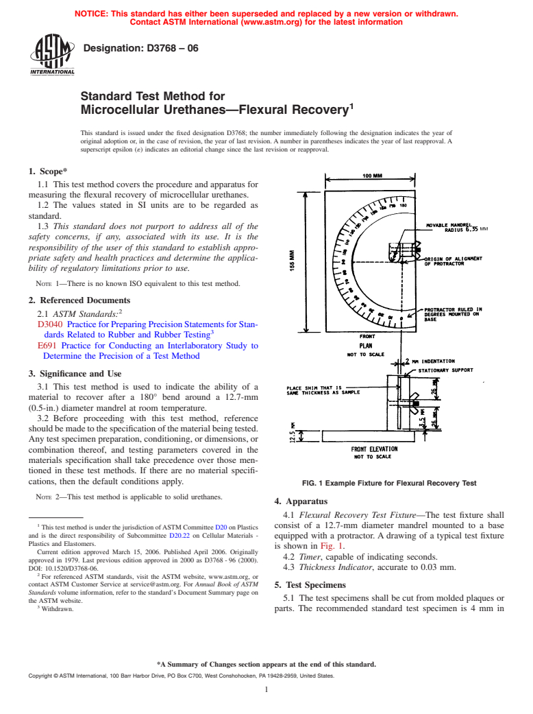 ASTM D3768-06 - Standard Test Method for Microcellular Urethanes-Flexural Recovery