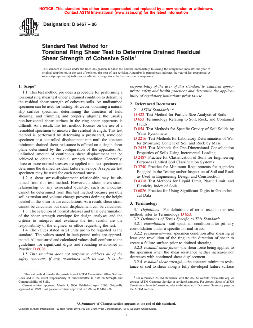 ASTM D6467-06 - Standard Test Method for Torsional Ring Shear Test to Determine Drained Residual Shear Strength of Cohesive Soils