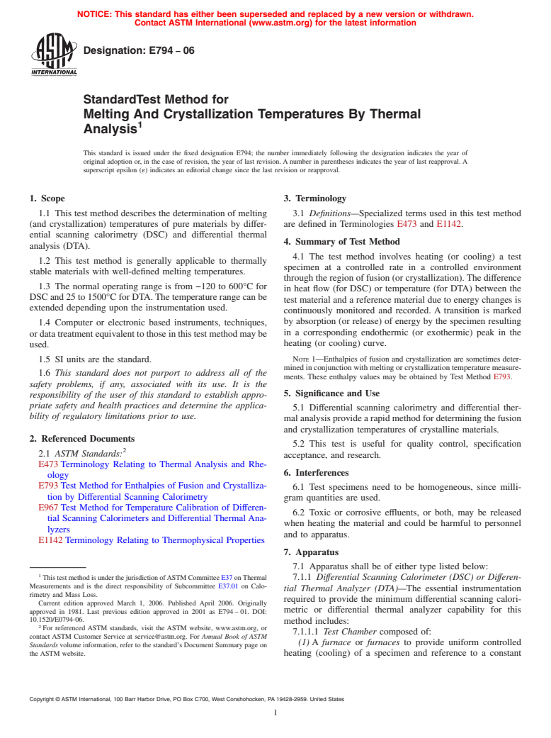 ASTM E794-06 - Standard Test Method for Melting And Crystallization Temperatures By Thermal Analysis