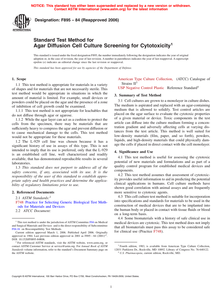 ASTM F895-84(2006) - Standard Test Method for Agar Diffusion Cell Culture Screening for Cytotoxicity