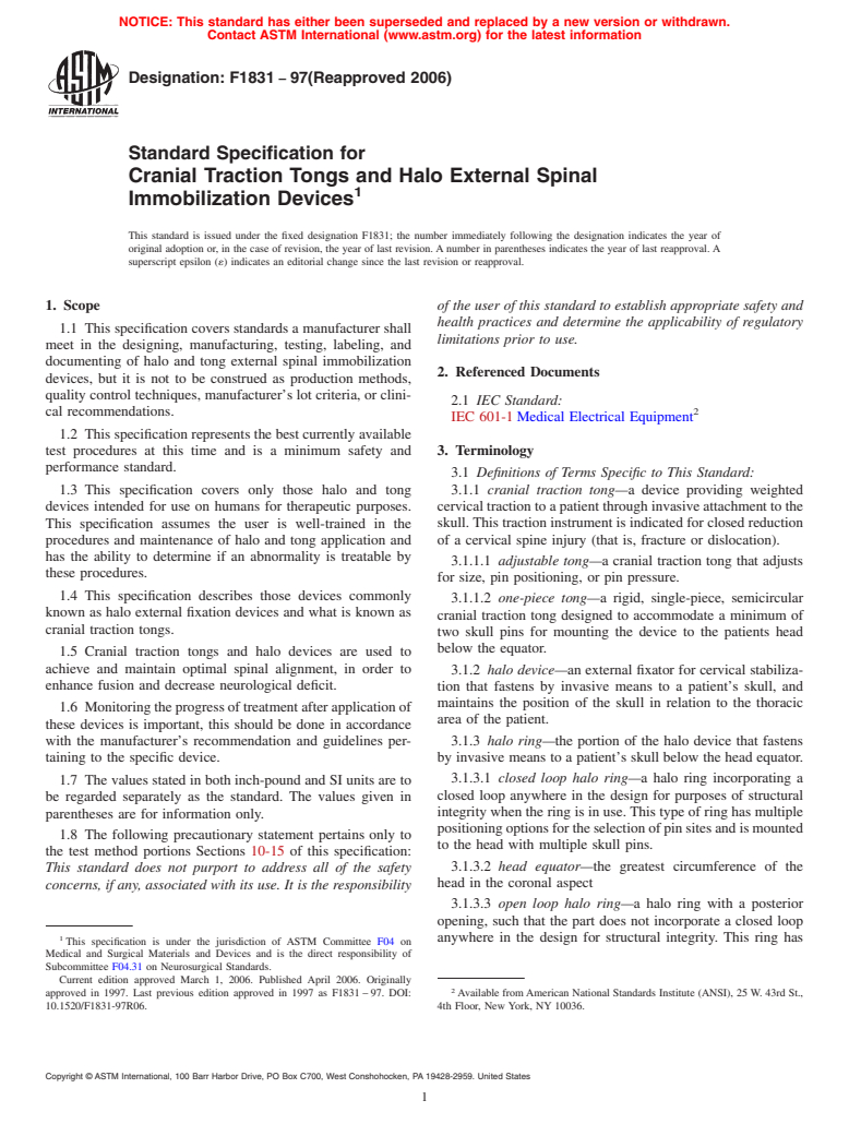 ASTM F1831-97(2006) - Standard Specification for Cranial Traction Tongs and Halo External Spinal Immobilization Devices