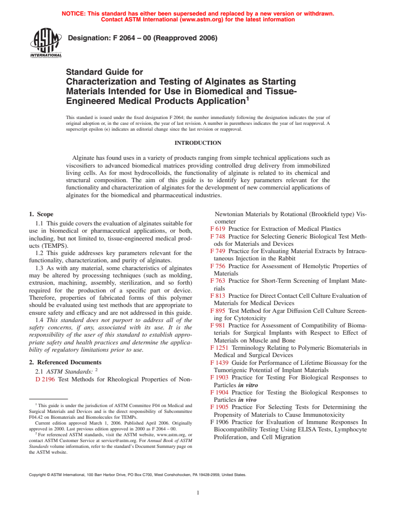 ASTM F2064-00(2006) - Standard Guide for Characterization and Testing of Alginates as Starting Materials Intended for Use in Biomedical and Tissue-Engineered Medical Products Application