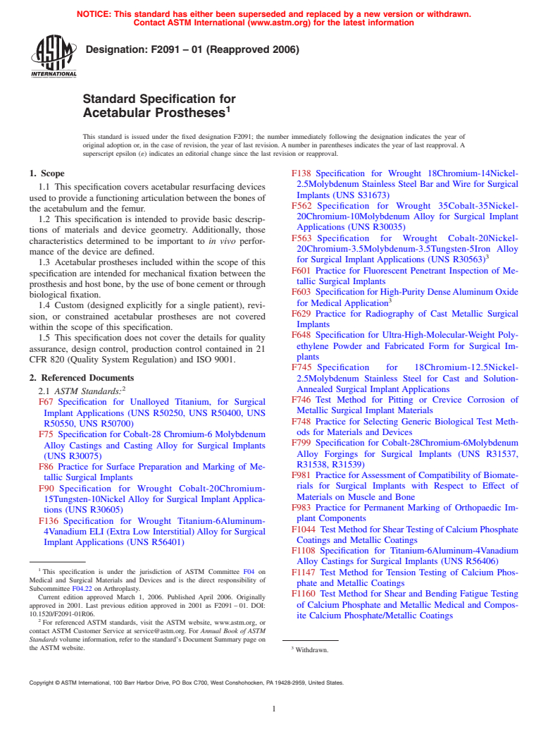 ASTM F2091-01(2006) - Standard Specification for Acetabular Prostheses