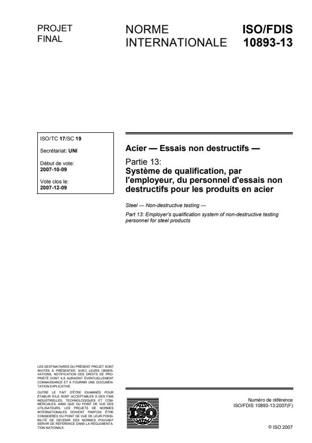 ISO/FDIS 10893-13 - Acier -- Essais non destructifs