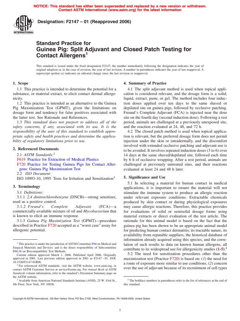 ASTM F2147-01(2006) - Standard Practice for Guinea Pig: Split Adjuvant and Closed Patch Testing for Contact Allergens