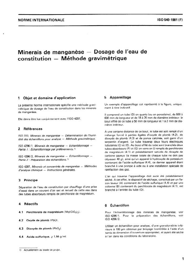 ISO 549:1981 - Minerais de manganese -- Dosage de l'eau de constitution -- Méthode gravimétrique