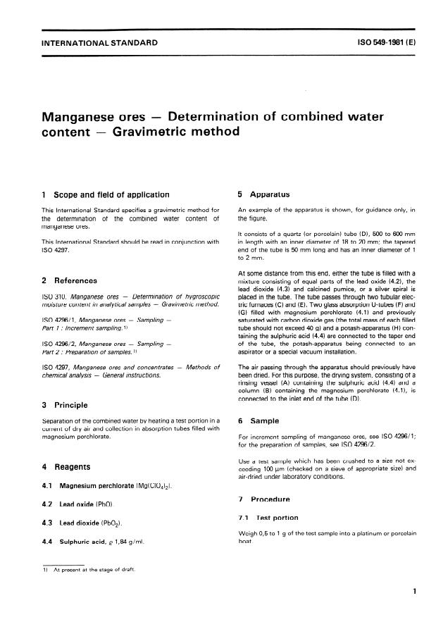 ISO 549:1981 - Manganese ores -- Determination of combined water content -- Gravimetric method