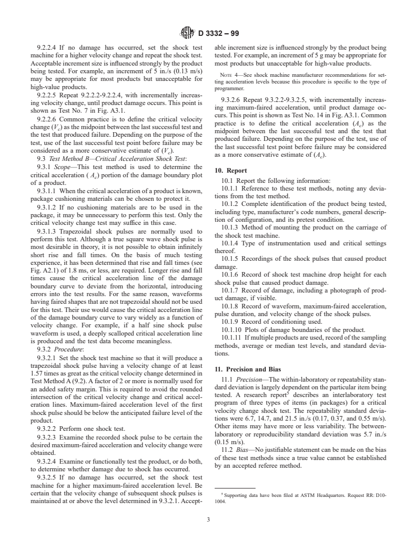 ASTM D3332-99 - Standard Test Methods for Mechanical-Shock Fragility of Products, Using Shock Machines