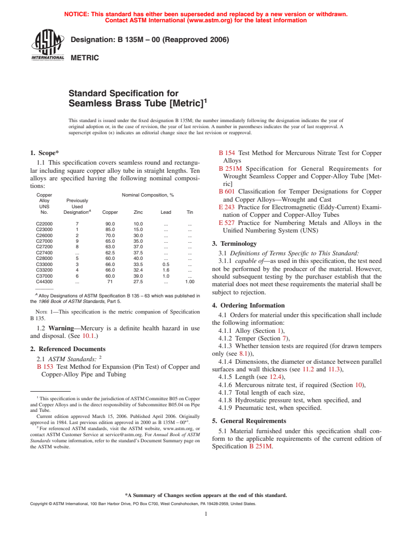 ASTM B135M-00(2006) - Standard Specification for Seamless Brass Tube [Metric]