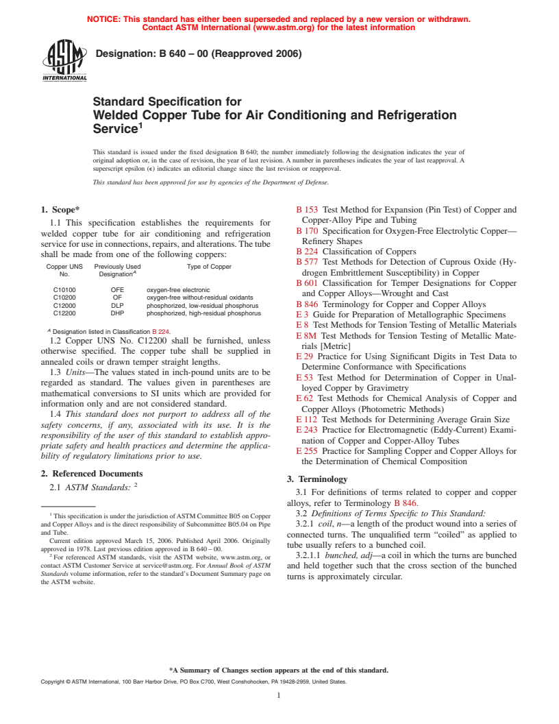 ASTM B640-00(2006) - Standard Specification for Welded Copper Tube for Air Conditioning and Refrigeration Service