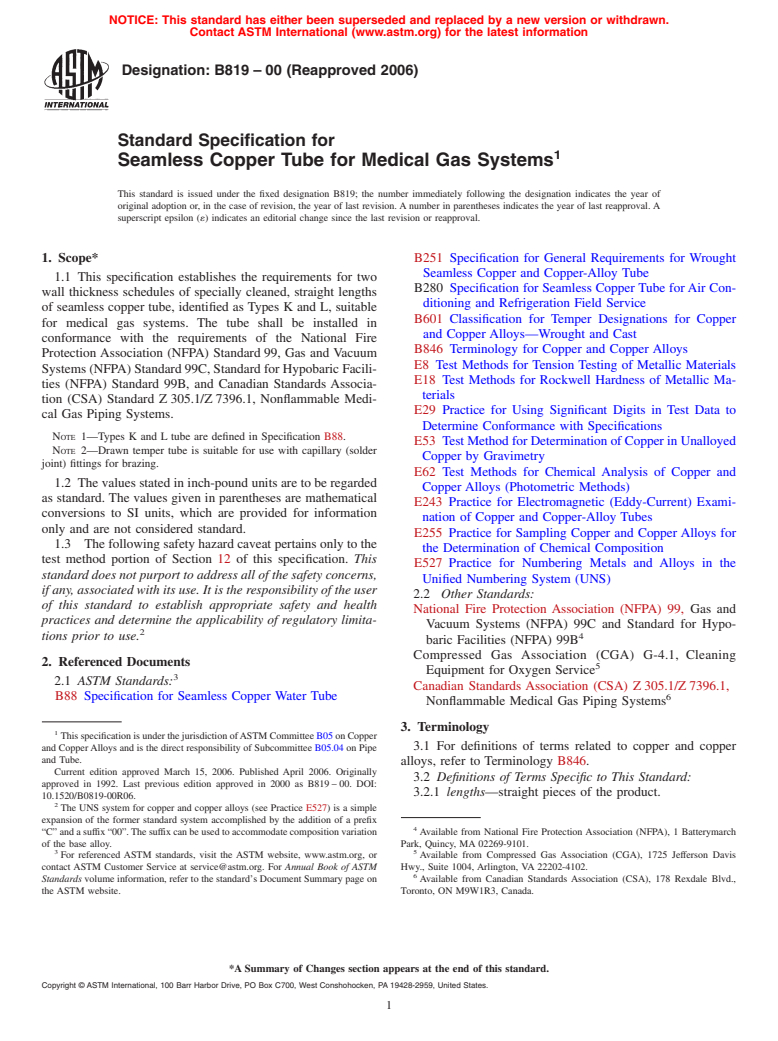 ASTM B819-00(2006) - Standard Specification for Seamless Copper Tube for Medical Gas Systems