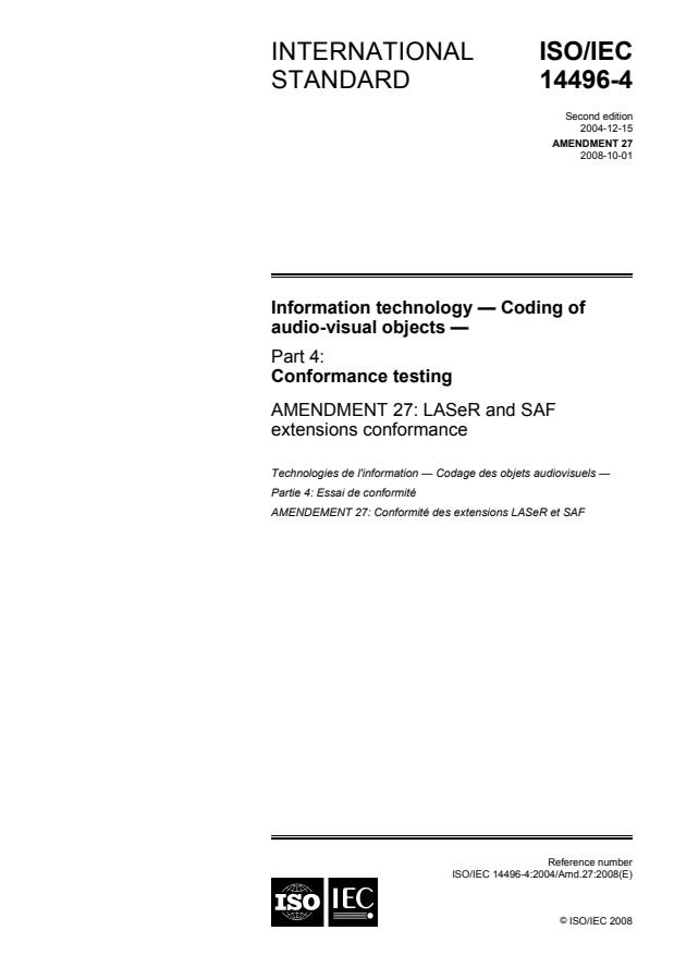 ISO/IEC 14496-4:2004/Amd 27:2008 - LASeR and SAF extensions conformance