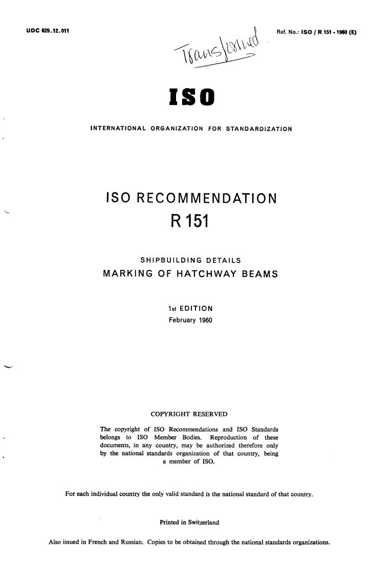 ISO/R 151:1960 - Title missing - Legacy paper document
Released:1/1/1960