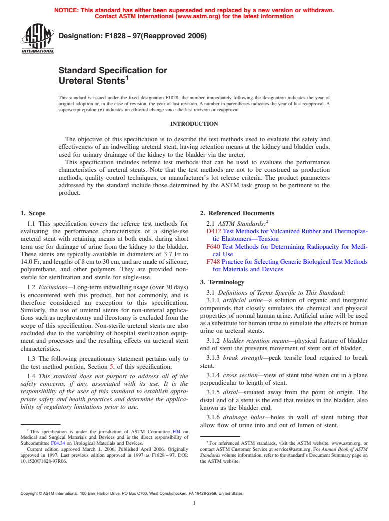 ASTM F1828-97(2006) - Standard Specification for Ureteral Stents