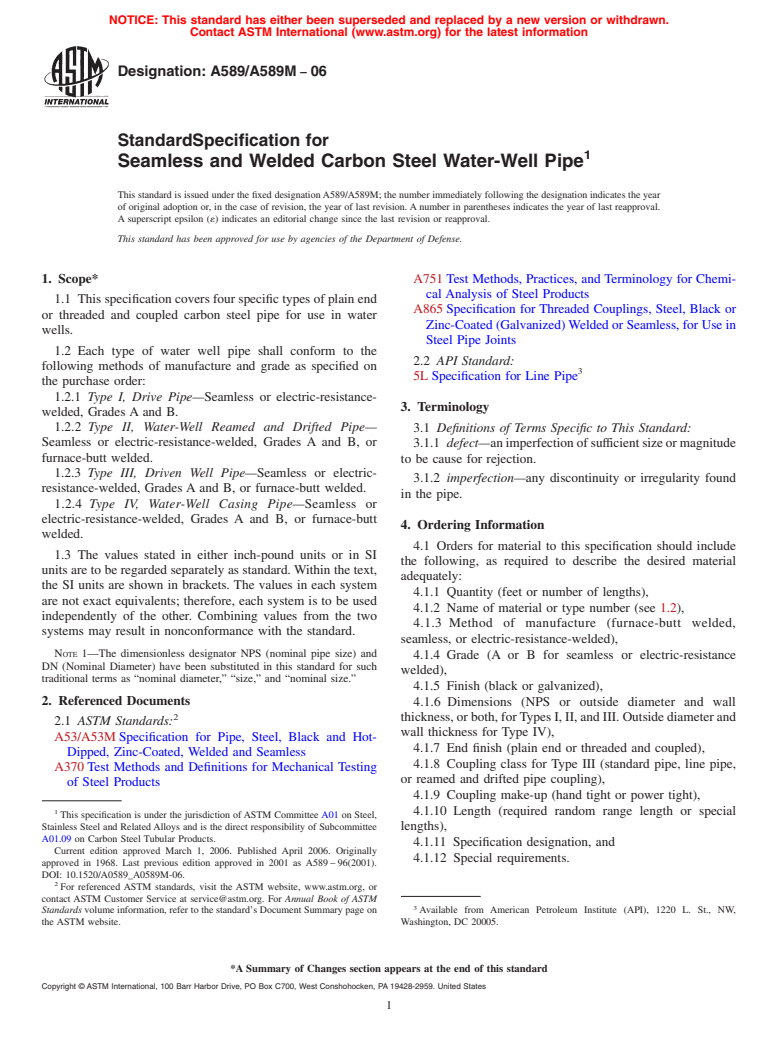 ASTM A589/A589M-06 - Standard Specification for Seamless and Welded Carbon Steel Water-Well Pipe