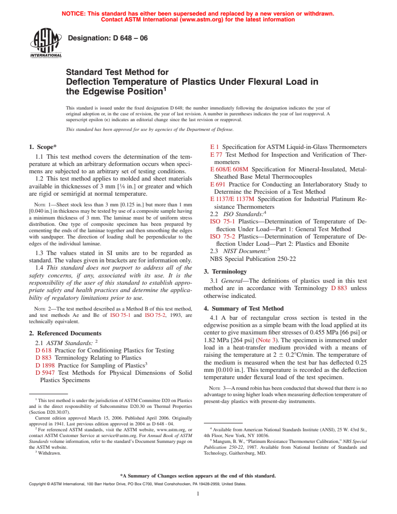 ASTM D648-06 - Standard Test Method for Deflection Temperature of Plastics Under Flexural Load in the Edgewise Position