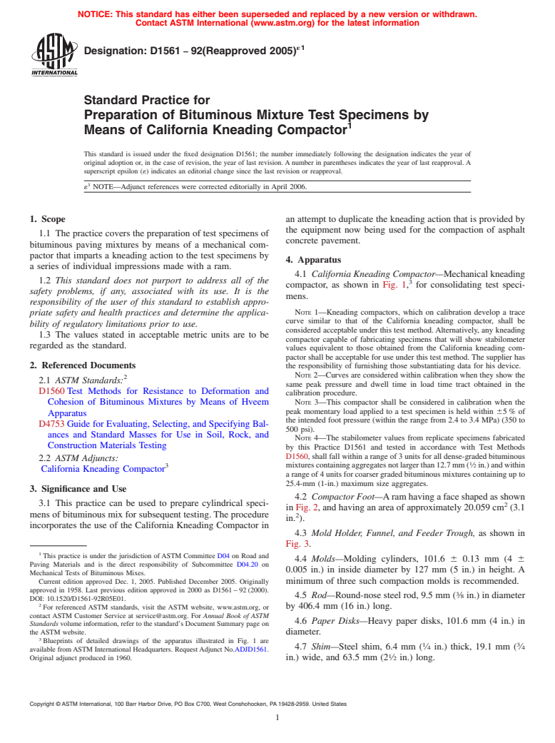 ASTM D1561-92(2005)e1 - Standard Practice for Preparation of Bituminous Mixture Test Specimens by Means of California Kneading Compactor