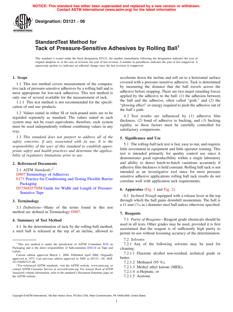 ASTM D3121-06 - Standard Test Method for Tack of Pressure-Sensitive Adhesives by Rolling Ball (Withdrawn 2015)