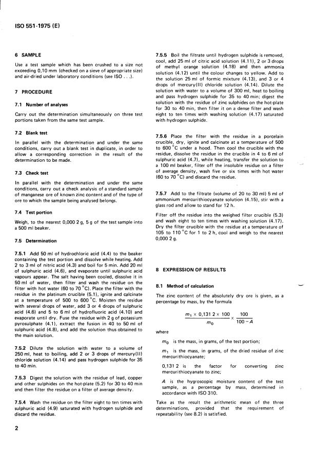 ISO 551:1975 ISO 551:1975 - Manganese ores -- Determination of zinc content -- Zinc mercurithyocyanate gravimetric method - Page 4 preview