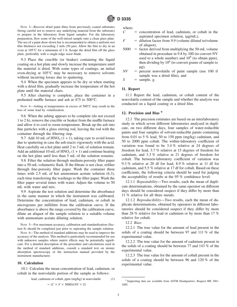 ASTM D3335-85a(1999) - Standard Test Method for Low Concentrations of Lead, Cadmium, and Cobalt in Paint by Atomic Absorption Spectroscopy
