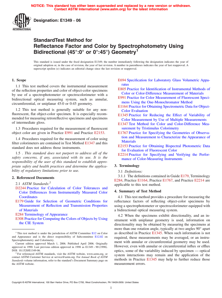 ASTM E1349-06 - Standard Test Method for Reflectance Factor and Color by Spectrophotometry Using Bidirectional (45:0 or 0:45) Geometry