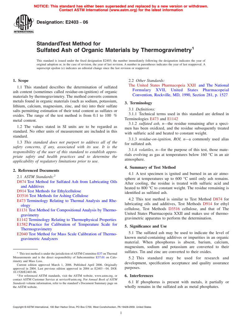 ASTM E2403-06 - Standard Test Method for Sulfated Ash of Organic Materials by Thermogravimetry