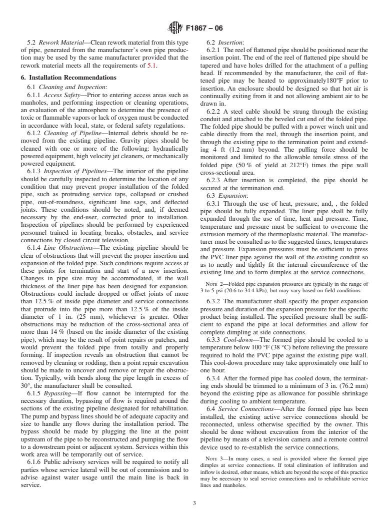 ASTM F1867-06 - Standard Practice for Installation of Folded/Formed Poly (Vinyl Chloride) (PVC) Pipe Type A for Existing Sewer and Conduit Rehabilitation