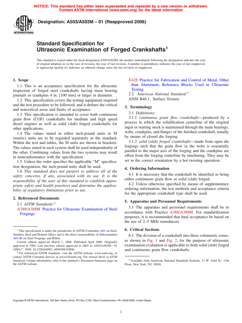 ASTM A503/A503M-01(2006) - Standard Specification for Ultrasonic Examination of Forged Crankshafts